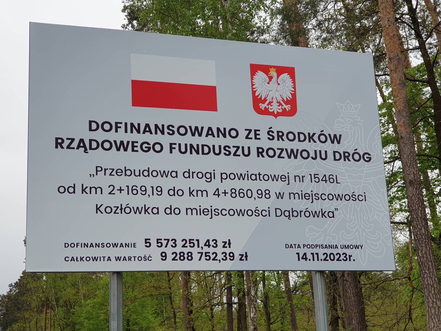 Droga powiatowa 1546 L – przebudowa od miejscowości Kozłówka do miejscowości Dąbrówka.